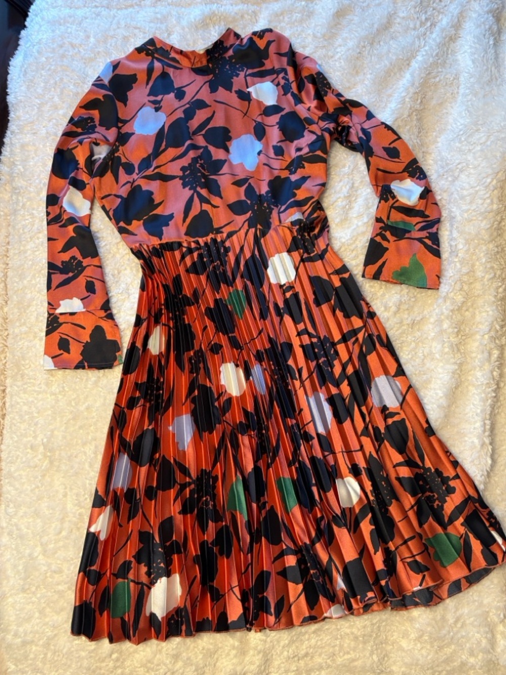 ASOS Rust Orange Floral Pleated Long Sleeve Midi Dress 14